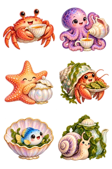 Six individual stickers: crab holding a shell teacup; octopus pouring from a conch-shaped teapot; sea star resting against a pearl sugar bowl; hermit crab carrying a little tray of seaweed biscuits; tiny fish nestled inside a scallop saucer; sea snail beside a kelp-wrapped teapot.