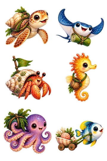 Six individual stickers: baby loggerhead turtle with a shell backpack; small manta ray carrying a rolled leaf map; hermit crab with a tiny flag attached to its shell; seahorse with a satchel made from a seed pod; octopus carrying a tied bundle of seaweed; little fish pulling a tiny shell wagon.