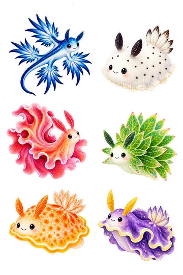 Six individual stickers: blue dragon sea slug with branching feathery arms; white sea bunny nudibranch with little black ears; pink frilled Spanish dancer sea slug in a curled pose; green leaf sheep sea slug with leafy back; orange spotted dorid sea slug with a tiny gill crown; purple ribbon-edged sea slug with lemon-yellow antennae.