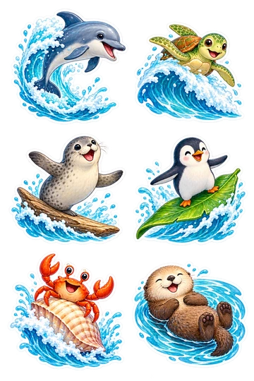 Six individual stickers: dolphin leaping through one curled wave; sea turtle sliding down a small wave crest; seal balancing on a driftwood board; penguin surfing on a broad leaf; crab riding a shell on a splash; otter floating on its back inside a curved ripple.