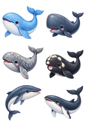 Six individual stickers: baby blue whale with a gently curled tail; baby sperm whale with a round square head; little gray whale showing one flipper; baby right whale with white head patches; tiny fin whale bending into a soft arc; little minke whale with a white flipper band.