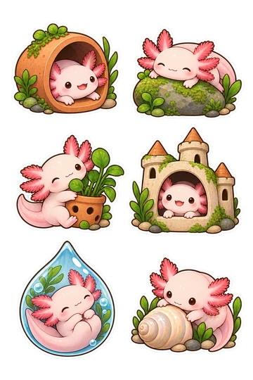 Sechs Sticker zum Thema „Axolotlecke“: Axolotl, der aus einem Terrakottatunnel schaut; Axolotl, der auf einem moosbedeckten Stein ruht; Axolotl, der einen kleinen Wasserpflanzentopf umarmt; Axolotl, der in einem Keramikschloss sitzt; Axolotl, der in einer Wassertropfensilhouette gelockt ist; Axolotl, der eine glatte Schale untersucht.