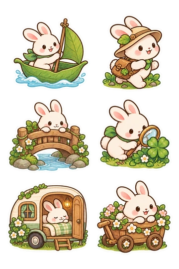 Sechs Sticker zum Thema „Kaninchenabenteuer“: Kaninchen, die ein blattförmiges Spielzeugboot steuern; Kaninchen, die einen kleinen Entdeckersattel tragen; Kaninchen, die über eine Holzbrücke schauen; Kaninchen, die ein Vergrößerungsglas über einem Klee halten; Kaninchen, die sich in einem Miniaturcamper ausruhen; Kaninchen, die in einem blumengetrimmten Wagen thront.