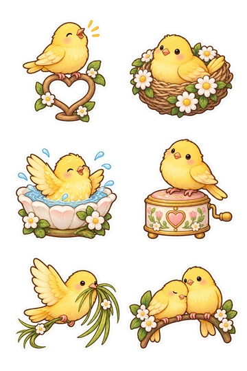 Sechs Sticker zum Thema „Kanarienmelodie“: Kanarienvogel singen auf einem herzförmigen Barsch; Kanarienvogel sitzen in einem Daisy-gesäumt Nest; Kanarienvogel spritzen in einem Blumenbad; Kanarienvogel thront auf einer winzigen musikalischen Box; Kanarienvogel tragen einen Strang aus nistendem Gras; zwei Kanarienvogel ruhen auf einem gekrümmten Zweig.