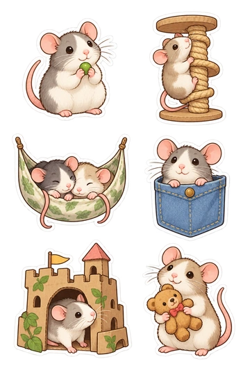 Sechs Sticker zum Thema „Farbrattenfreunde“: Haustierratte, die eine winzige Erbse hält; Haustierratte, die einen Spiralseilstativ erklimmt; zwei Haustierratten, die in einer Hängematte schlafen; Haustierratte, die aus einer Hemdtasche pocht; Haustierratte, die ein Pappschloss erforscht; Haustierratte, die einen Miniaturplüschbär trägt.