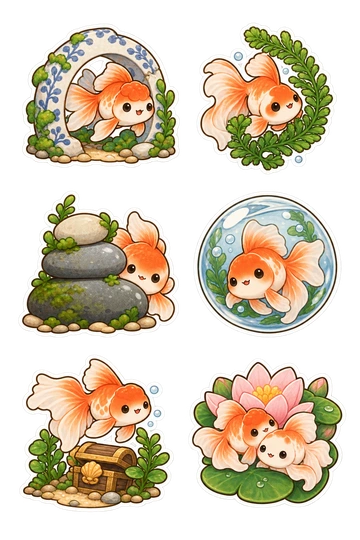 Sechs Sticker zum Thema „Goldfischgarten“: ausgefallene Goldfische, die durch einen Keramikbogen schwimmen; Goldfische, die sich um einen aquatischen Farn locken; Goldfische, die hinter einem glatten Kieselstapel schauen; Goldfische in einer klaren runden Blase Silhouette; Goldfische, die über einer winzigen Schatzkiste gleiten; zwei Goldfische, die in einer Wasserlililien-Umrisse eingebettet sind.