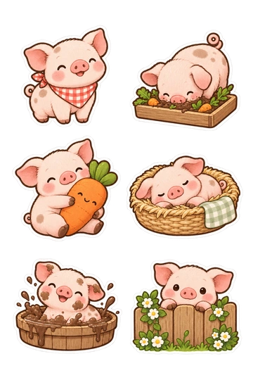 Six pet stickers: mini pig wearing a gingham bandana; mini pig rooting in a shallow forage tray; mini pig cuddling a plush carrot; mini pig resting in a straw basket; mini pig splashing in a tiny mud bath; mini pig peeking over a flower-trimmed fence.