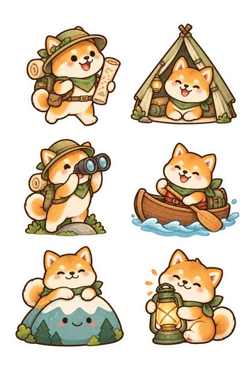 Six pet stickers: shiba hiking with a rolled map; shiba standing inside a little tent; shiba looking through binoculars; shiba canoeing with a short paddle; shiba perched on a mountain-shaped cushion; shiba hugging a camping lantern.
