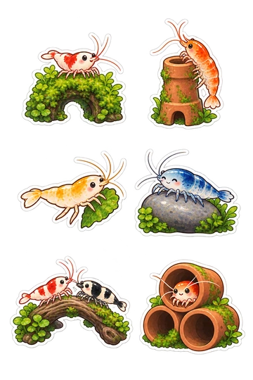 Six autocollants pour animaux de compagnie: crevettes d'aquarium perchées sur une arche de mousse; crevettes grimpant sur une cheminée d'argile minuscule; crevettes portant un petit fragment de feuille; crevettes reposant sur une pierre de rivière lisse; paire de crevettes traversant un pont de bois flotté; crevettes jetant un coup d'œil sur une pile de tubes en céramique.