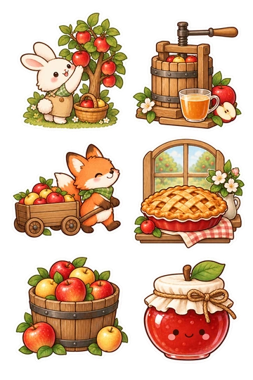 Six seasonal stickers: rabbit picking an apple from a small tree; wooden press with apple cider cup; fox pulling an apple wagon; apple pie cooling on a sill frame; barrel filled with red and gold apples; apple-shaped jam jar with leaf lid.