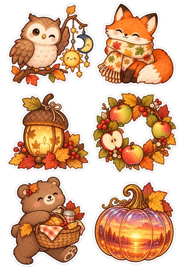 Six seasonal stickers: owl balancing a sun-and-moon mobile; fox wrapped in a leaf-pattern scarf; acorn lantern beside a little leaf pile; half-ripe apple wreath; bear carrying an autumn picnic basket; sunset-colored glass pumpkin.