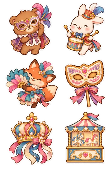 Six seasonal stickers: bear wearing an ornate carnival mask; rabbit playing a little parade drum; fox carrying a feather fan; mask-shaped cookie on a stick; festive crown with attached ribbon streamers; carousel ticket box without letters.