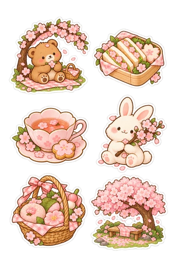Six seasonal stickers: bear beneath a cherry branch on a picnic mat; pink blossom sandwich box; petal-shaped tea cup with sakura cookie; rabbit holding a flowering twig; woven basket of spring pastries; cherry blossom canopy over a tiny bench.