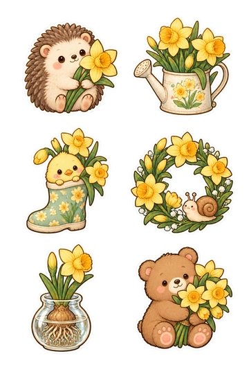 Sechs Sticker zum Thema „Narzissentage“: Igel, der eine Narzisse klebt; Gießkanne mit hohen gelben Blüten; Küken, der sich in einem Blumenstiefel versteckt; Narzissenkranz mit einer winzigen Schnecke; Blumenzwiebel, der in einem Glastopf sprießt; Bär, der einen Haufen Trompetenblüten hält.