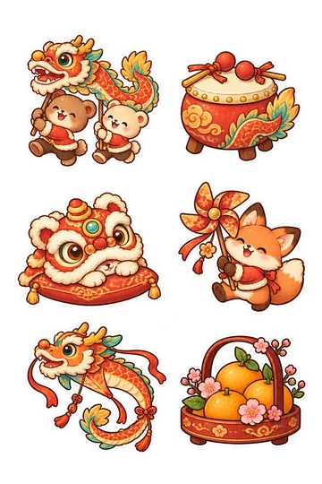 Six seasonal stickers: two cubs carrying a friendly dragon puppet; little drum with dragon-tail rim; lion-dance costume head resting on a cushion; fox holding a festive pinwheel; dragon-shaped kite with tail looped inward; tray of oranges decorated with plum blossoms.