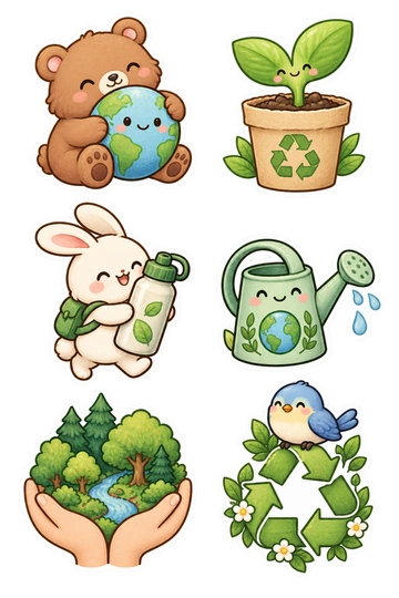 Six seasonal stickers: bear hugging a little globe; sprout growing from a recycled paper pot; rabbit carrying a reusable bottle; watering can with a planet emblem; hands cradling a miniature forest; bird perched on a recycling-arrow wreath.