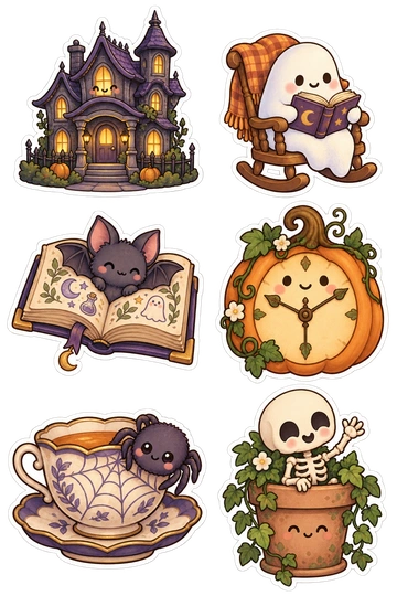 Six seasonal stickers: smiling haunted manor with tiny porch; ghost reading in a rocking chair; bat nestled in an open spellbook with pictures; pumpkin-shaped wall clock without numbers; cobweb teacup with friendly spider attached; little skeleton waving from a flowerpot.