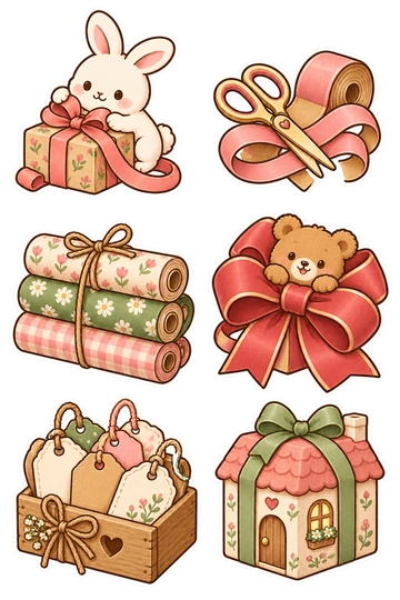 Six seasonal stickers: rabbit tying a ribbon around a parcel; scissors resting on curled gift ribbon; stack of patterned wrapping rolls; bear peeking from a giant gift bow; wooden caddy of blank gift tags; small gift box shaped like a house.