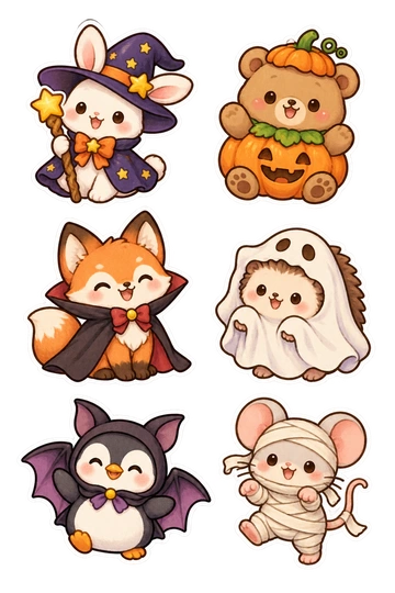 Six seasonal stickers: bunny dressed as a tiny wizard; bear in a pumpkin suit; fox wearing a friendly vampire cape; hedgehog in a ghost costume; penguin wearing a bat-wing cape; mouse dressed as a little mummy.