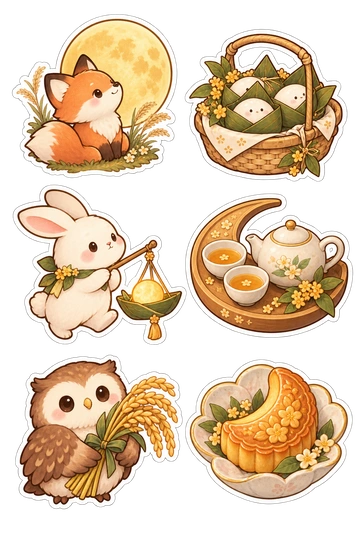 Six seasonal stickers: fox seated beneath a round harvest moon; basket of rice cakes wrapped in leaves; rabbit carrying a small lantern boat; tea set on a crescent-shaped tray; owl holding a bundle of wheat; moon-shaped pastry in a flower dish.