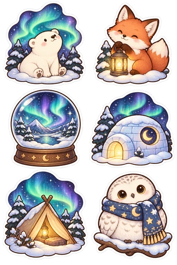 Six seasonal stickers: polar bear beneath an aurora arch; fox holding a lantern on a snowy base; glass snow globe containing aurora bands; igloo with a crescent moon window; winter tent with a glowing sky canopy; owl wrapped in a star-pattern scarf.