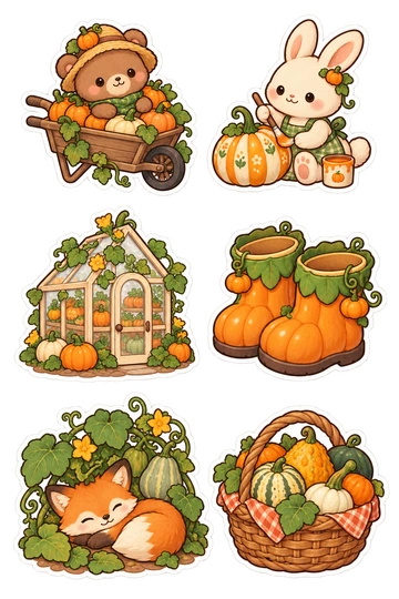Six seasonal stickers: bear sitting in a wheelbarrow of tiny pumpkins; rabbit painting a striped pumpkin; little pumpkin greenhouse; pair of pumpkin-shaped boots; fox resting under a squash vine; basket of ornamental gourds.