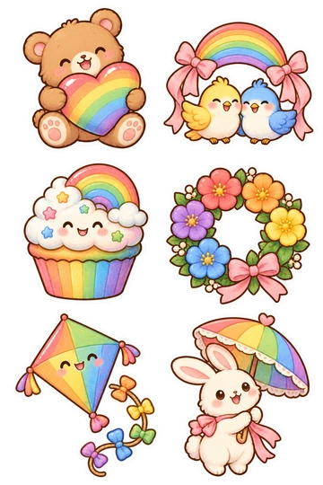 Six seasonal stickers: bear carrying a rainbow heart; two birds beneath a ribbon rainbow arch; rainbow-layered cupcake with cloud frosting; flower crown with six colored blossoms; rainbow kite tail coiled to its body; rabbit holding a striped parasol.