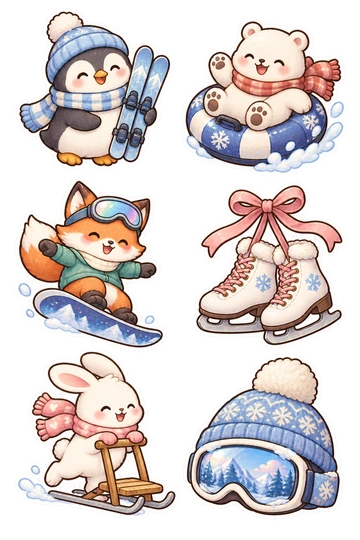 Six seasonal stickers: penguin carrying short skis; bear on a round snow tube; fox balancing on a snowboard; pair of ice skates tied with ribbon; rabbit riding a kick sled; woolen hat perched on ski goggles.