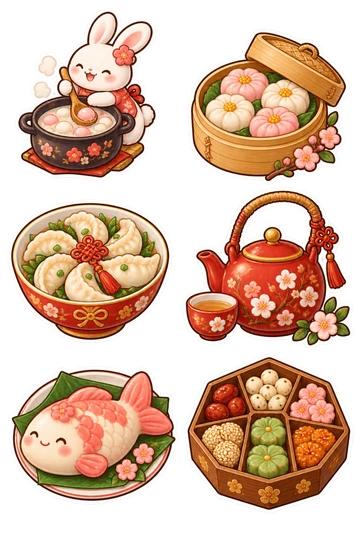 Six seasonal stickers: bunny stirring sweet rice balls in a pot; steamer of flower-shaped buns; folded dumplings arranged in a lucky knot bowl; red teapot with plum blossom painting; rice cake shaped like a smiling fish; snack tray with six small compartments.