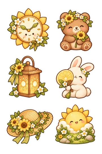 Seis pegatinas de temporada: reloj de flores en forma de sol sin números; llevar una corona de flores; pequeña linterna de picnic con recortes de sol; conejo con un ventilador de cítricos; guirnalda de girasol envuelta alrededor de un sombrero de paja; sol dorado descansando sobre una pequeña base de prado.