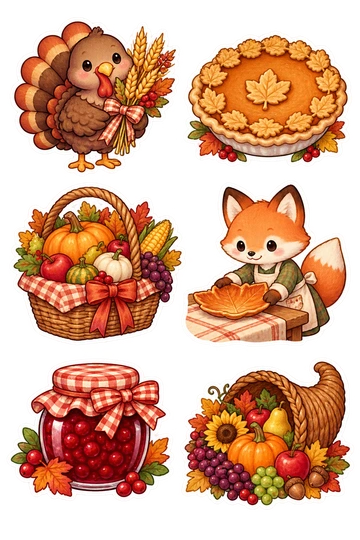 Six autocollants saisonniers: dinde tenant un bouquet de blé; tarte ronde à la citrouille avec croûte de feuilles; panier débordant de produits de la récolte; renard mettant une assiette en forme de feuille; pot de sauce aux canneberges avec arc de vichy; corne d'abondance avec fruits d'automne.