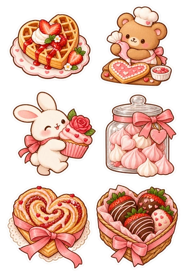 Six autocollants saisonniers : gaufres en forme de coeur sur une petite assiette ; ours décorant un biscuit de coeur ; lapin portant un petit gâteau rose ; pot de baisers de meringue rose ; pâtisserie de coeur tourbillonnée avec le ruban ; fraises chocolatées dans un panier de coeur.