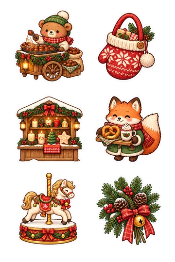 Six seasonal stickers: bear behind a roasted-chestnut cart; knitted mitten-shaped market bag; wooden stall filled with winter candles; fox holding a pretzel and cocoa on one tray; small festive carousel horse; bundle of evergreen branches tied with bell.