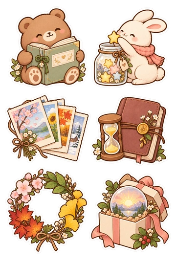 Seis pegatinas de temporada: oso sosteniendo un álbum de memoria en blanco; conejo agregando una estrella a un frasco de recuerdo; pila de postales de temporada con dibujos; pequeño reloj de arena junto a un diario cerrado; corona que combina cuatro hojas de temporada; caja de regalo sosteniendo un pequeño globo de salida del sol.
