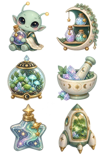 Six space stickers: friendly alien holding a glass vial of colorful stardust; crescent shelf displaying three corked crystal bottles; round terrarium filled with glowing alien moss; mortar and pestle containing moon crystals; star-shaped glass jar with a gold stopper; small rocket greenhouse cabinet with a leafy plant inside.