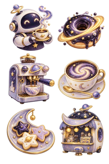 Six space stickers: round robot barista holding a swirling espresso cup; black-hole-inspired doughnut with a golden accretion ring; compact coffee machine with planet-shaped knobs; spiral galaxy latte in a cream cup and saucer; crescent serving tray holding three star biscuits; little space cafe kiosk with an unlettered crescent awning.