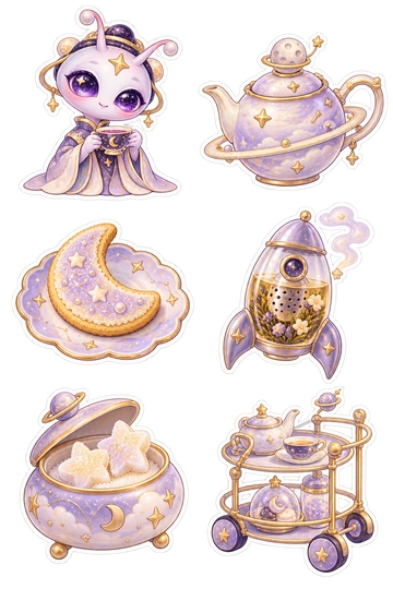 Six space stickers: round alien hostess holding a teacup; ringed-planet teapot with a tiny moon lid; crescent-moon biscuit on a saucer; glass tea infuser shaped like a rocket; two star-shaped sugar cubes inside an open sugar bowl; tiny orbital tea trolley with two attached wheels.