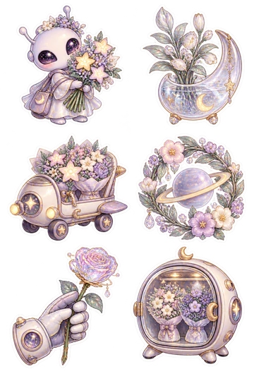 Six space stickers: alien florist holding a bouquet of star-shaped flowers; glass moon vase containing silver-leaf stems; rocket delivery cart filled with cosmic bouquets; ringed-planet flower wreath with connected leaves; astronaut glove holding a single crystal rose; round flower cooler pod with two bouquets behind its glass door.