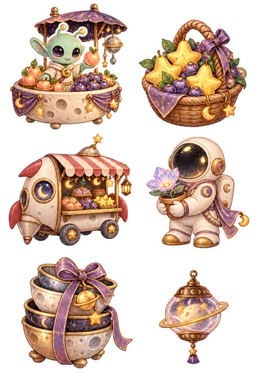 Six space stickers: alien vendor at a round moon-fruit stand with no lettering; basket filled with star-shaped pears and purple moon berries; rocket-shaped market cart with a striped canopy; astronaut holding a small potted crystal flower; stack of metallic cosmic bowls tied with a ribbon; round market lantern with a planet-shaped glass chamber.