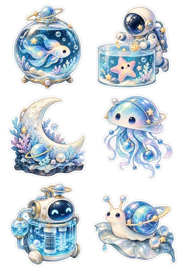 Six space stickers: round glass aquarium containing a tiny comet fish; astronaut feeding a floating starfish inside a clear tank; crescent-moon coral cluster on a small rock base; jellyfish-shaped alien with attached flowing tentacles; small space aquarium filter robot with a round face; ringed-planet snail resting on a silver aquatic leaf.