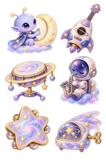 Six space stickers: small alien playing a moon-shaped harp; rocket-shaped acoustic guitar with attached neck; ringed-planet hand drum on a short stand; astronaut playing a tiny silver saxophone; star-shaped tambourine with rounded jingles; comet-shaped music box with a winding key.