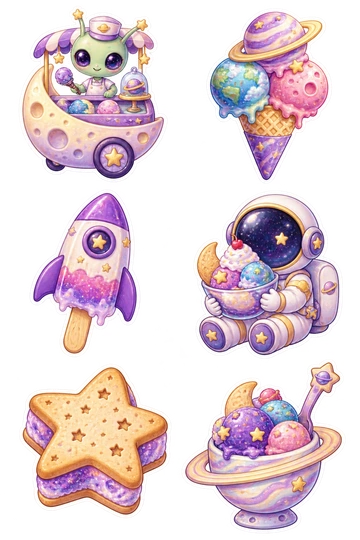 Six space stickers: alien vendor behind a small moon-shaped ice-cream cart; triple-scoop ice-cream cone with scoops shaped like tiny planets; rocket-shaped frozen fruit bar on a wooden stick; astronaut holding a sundae in a helmet bowl; star-shaped ice-cream sandwich with purple filling; ringed-planet gelato cup with an attached spoon.