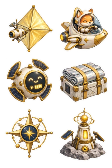 Six space stickers: tiny spacecraft with a golden diamond-shaped solar sail; fox astronaut steering a ship-shaped space capsule; round sun-powered battery with a smiling indicator face; folded silver sail fabric strapped to a storage crate; star-shaped navigation compass without lettering; small orbital harbor beacon on a moon-rock base.