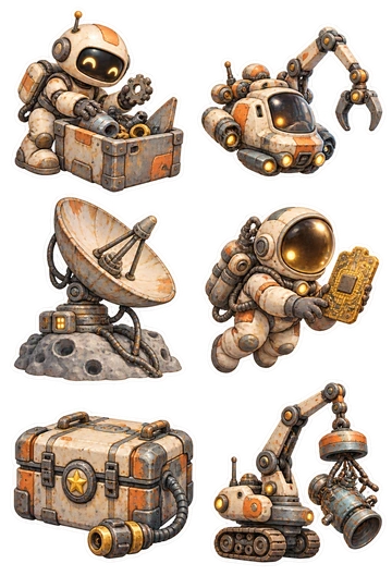 Six space stickers: friendly robot sorting a crate of spaceship parts; small patched salvage tug with a grabbing arm; worn satellite dish resting on a moon rock; space diver holding a retrieved golden circuit board; sealed metal trunk with a star latch and attached cable; compact magnetic crane lifting a small engine as one sticker.