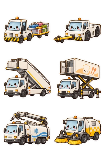 Sechs Sticker zum Thema „Bodenteam am Flughafen“: Gepäckschlepper, der einen einzelnen Gepäckanhänger zieht; Flugzeug-Pushback-Traktor mit niedriger Abschleppstange; mobile Passagiertreppe; Flughafen-Catering-High-Lift-LKW; Enteisungs-LKW mit gefalteten Auslegern; kompakte Landebahnkehrmaschine.