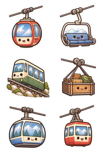 Sechs Sticker zum Thema „Alpine Liftstrecken“: runde Gondelkabine auf kurzem befestigtem Kabel; zweisitziger Skistuhl auf kurzem Kabel; geneigter Standseilbahnwagen auf kleinem Schienenfuß; offener Frachtkabelkorb mit Kisten; überdachte Bergbeobachtungsseilkabine; winzige Luftbahnkabine mit Dachrolle.