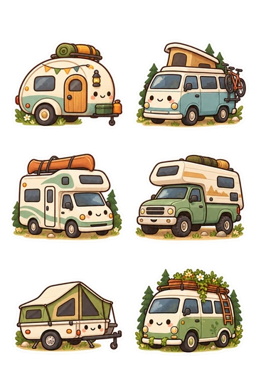 Sechs Sticker zum Thema „Campingtouren“: Tränentropfen-Campinganhänger; Pop-Top-Abenteuerwagen mit Fahrradträger; kleines Wohnmobil mit Dachkanu; Pickup-Camper mit Alkoven-Bett; Faltzeltanhänger teilweise angehoben; Waldcamperbus mit Dachgarten.