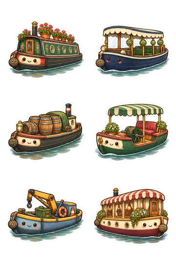 Six transport stickers: narrowboat with potted geraniums on roof; covered canal water taxi; tiny canal cargo barge carrying barrels; pedal-powered canal launch; canal maintenance skiff with folded crane; canal hotel boat with striped canopy.