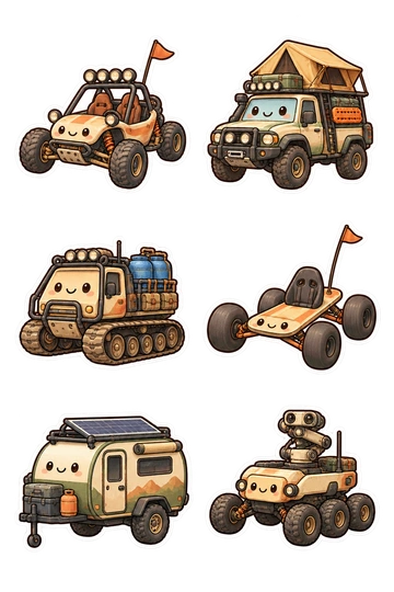 Sechs Sticker zum Thema „Wüstenexpedition auf Rädern“: Sanddünenbuggy mit Rollkäfig; Wüstenexpeditions-LKW mit Dachzelt; verfolgter Wüsten-Crawler mit Wasserfässern; vierrädrige Sandbrettkarren; Offroad-Wohnwagenanhänger mit Solardach; Wüstenvermessungs-Rover mit gefalteten Sensormasten.