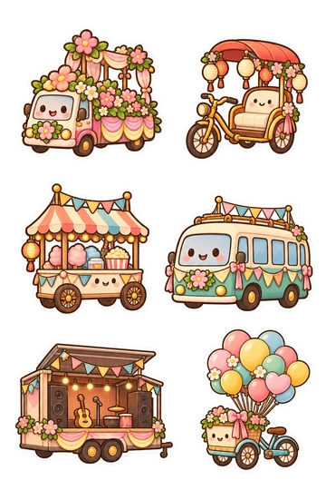 Sechs Sticker zum Thema „Festverkehr“: blumenverzierter Parade-Float-LKW; laternenbedeckter Fahrradrikscha; winziger Karnevalswagen mit gestreiftem Dach; Festival-Shuttle mit Verlobung angebracht; mobiler Musikbühnenanhänger mit gefaltetem Dach; Ballon-Lieferdreirad mit festgebundenem Ballonbund.